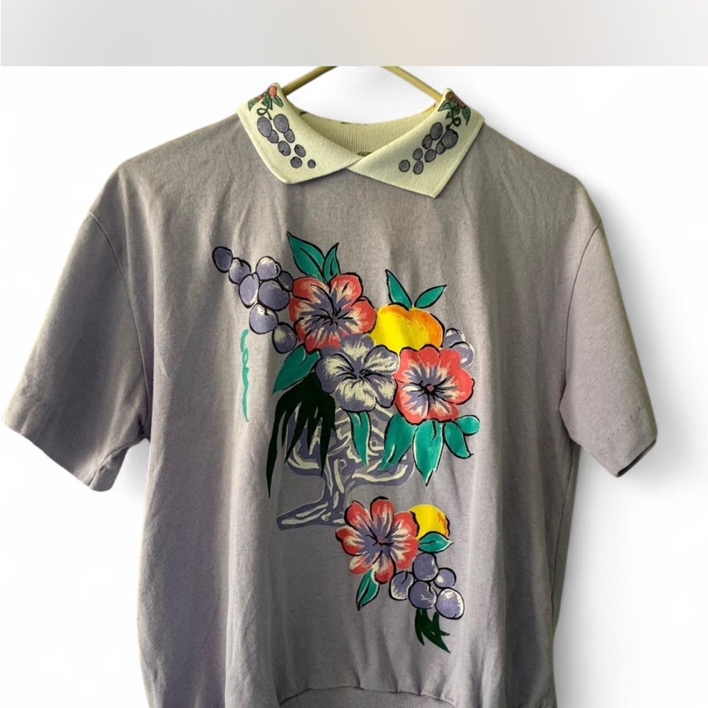 Vintage Blair Purple and Gray Collared Top with Floral Design size Medium